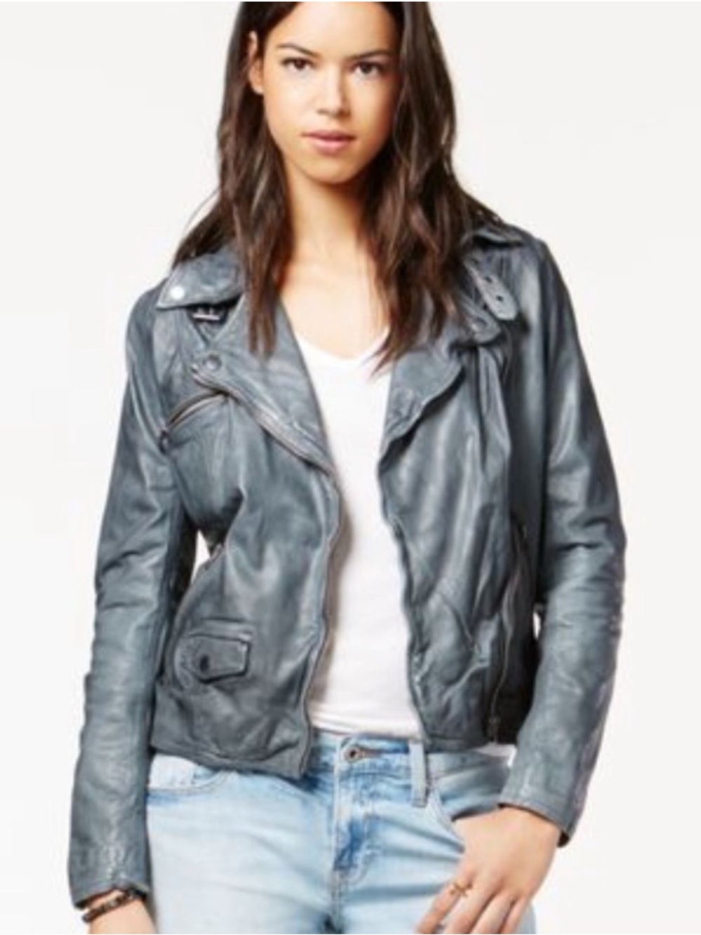 Lucky Brand Leather Moto Jacket in Slate Grey. Size S
